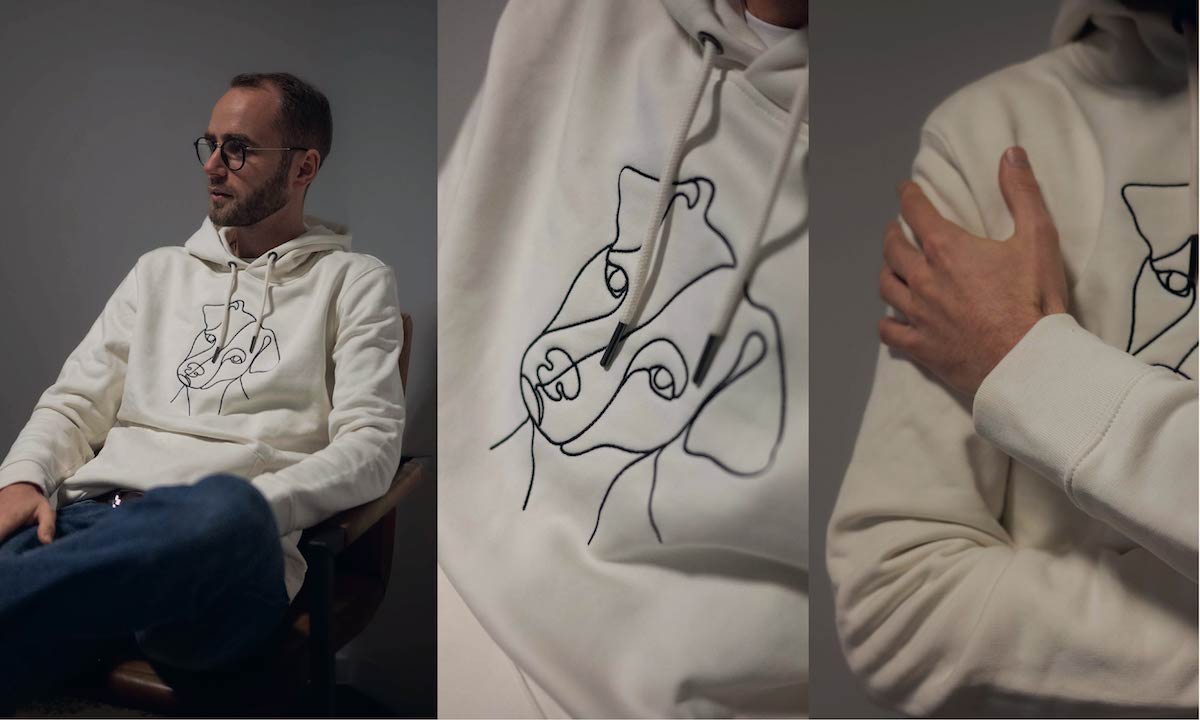 Broderet hoodie med hund, close-up af broderiet
