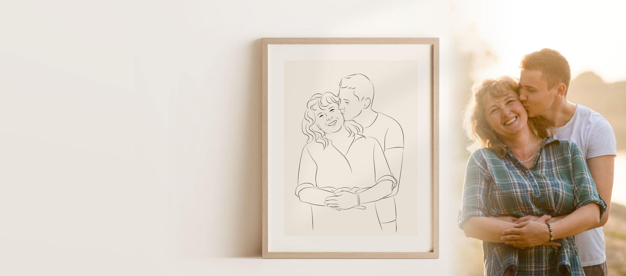 Tegning i Line Art af en smilende mor med sin søn