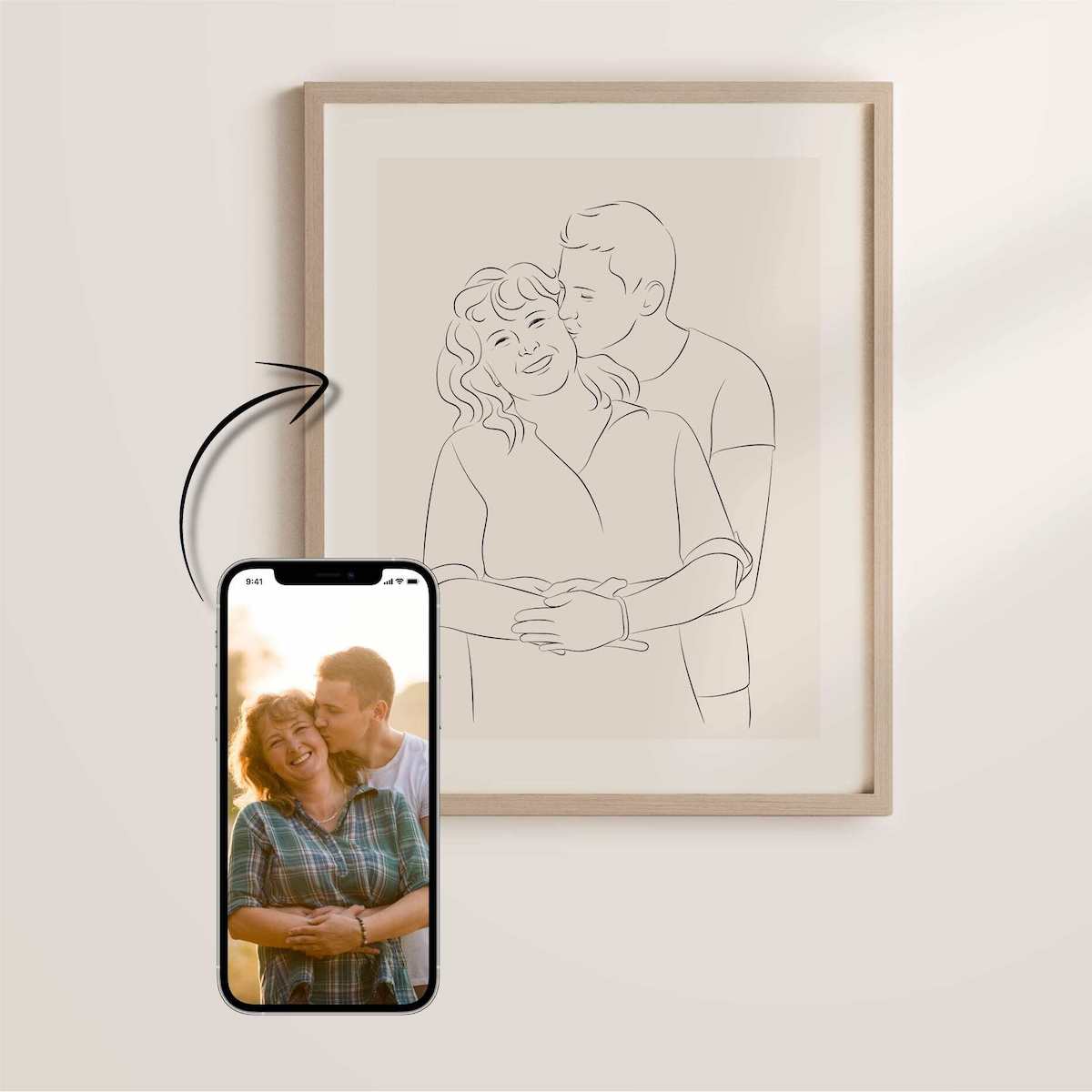 Mor og søn tegnet i Line Art som morsdagsgave