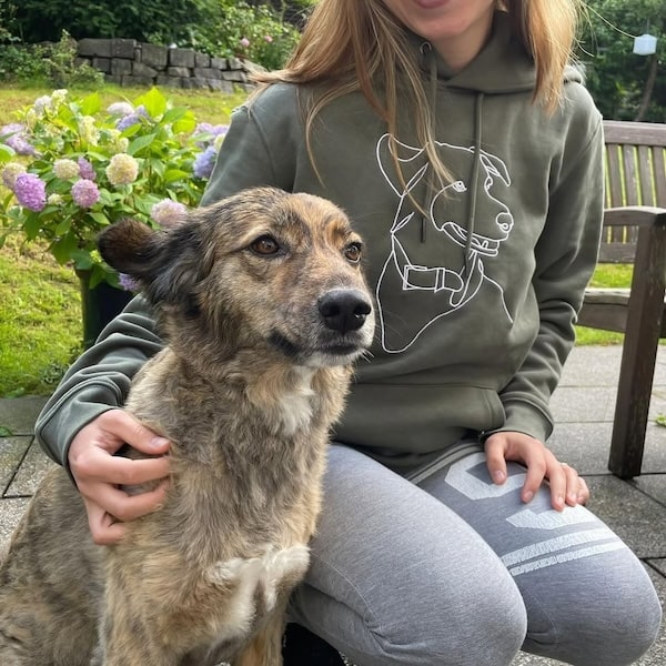 Broderet khaki hættetrøje med en rigtig hund ved siden af hættetrøjen, opslag fra @miroar_de