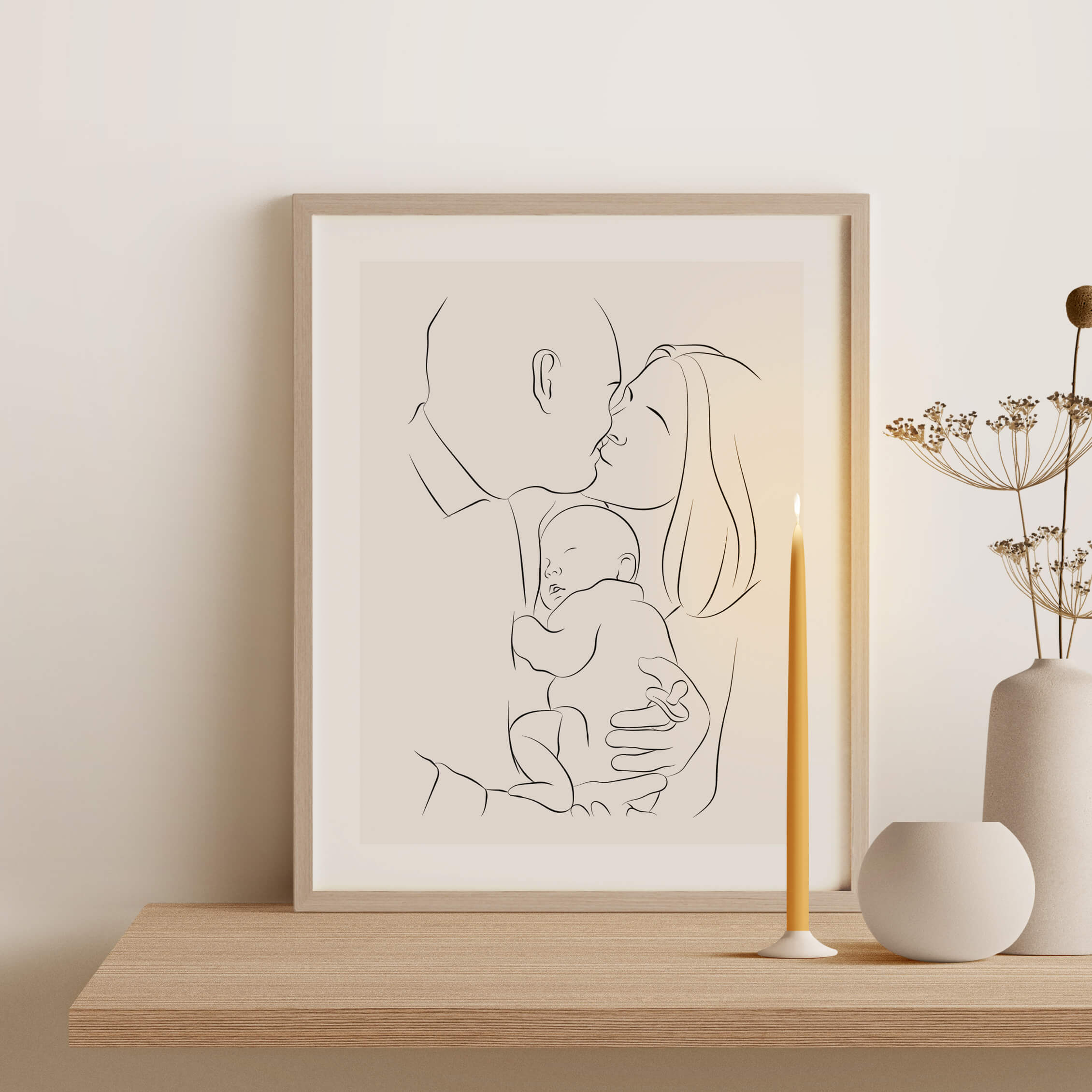 En illustration i Line Art af et par, der holder en sovende baby