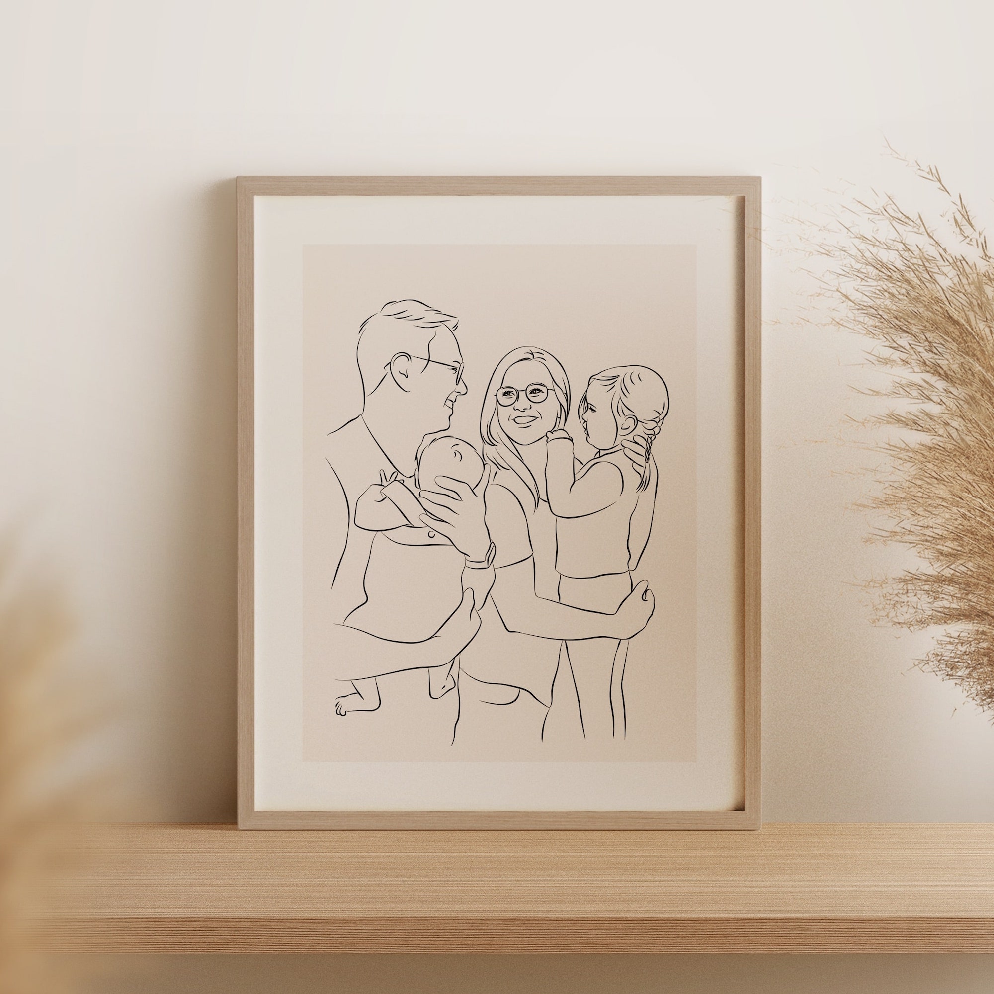 Ung familie med 2 børn tegnet i Line Art