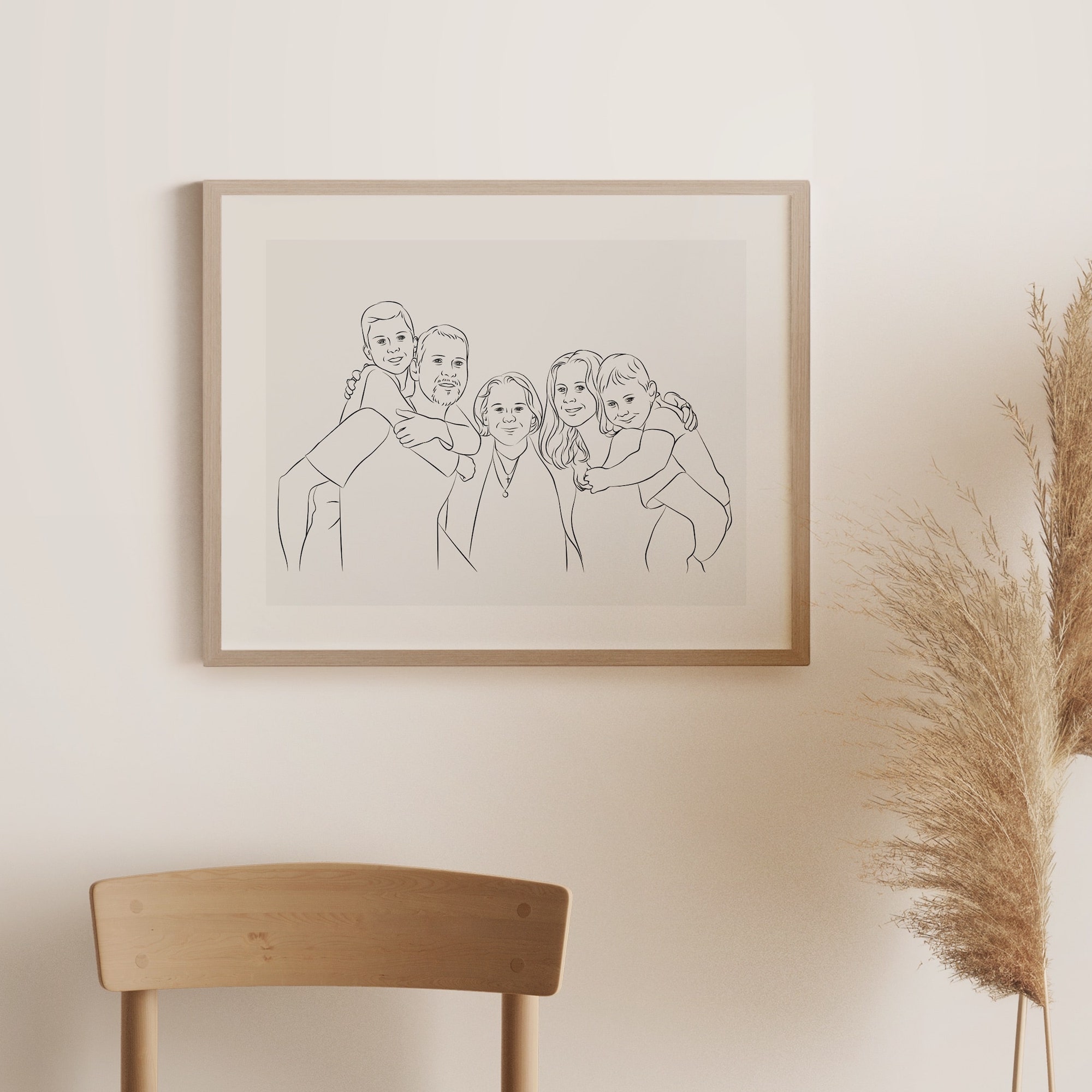 Tegnet familiefoto i Line Art med bedstemor i midten af billedet