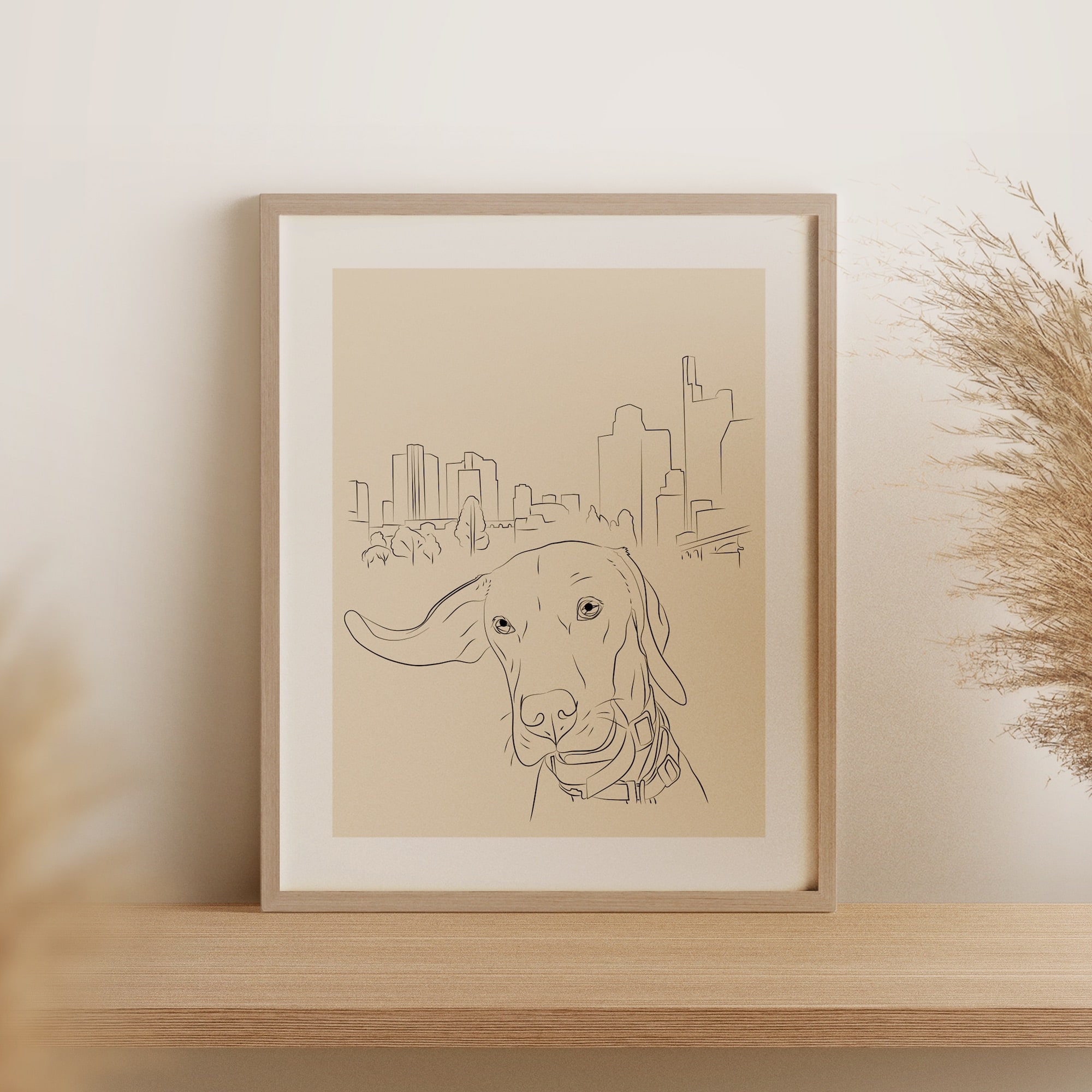 En Line Art tegning af en hund og skylinen i Frankfurt