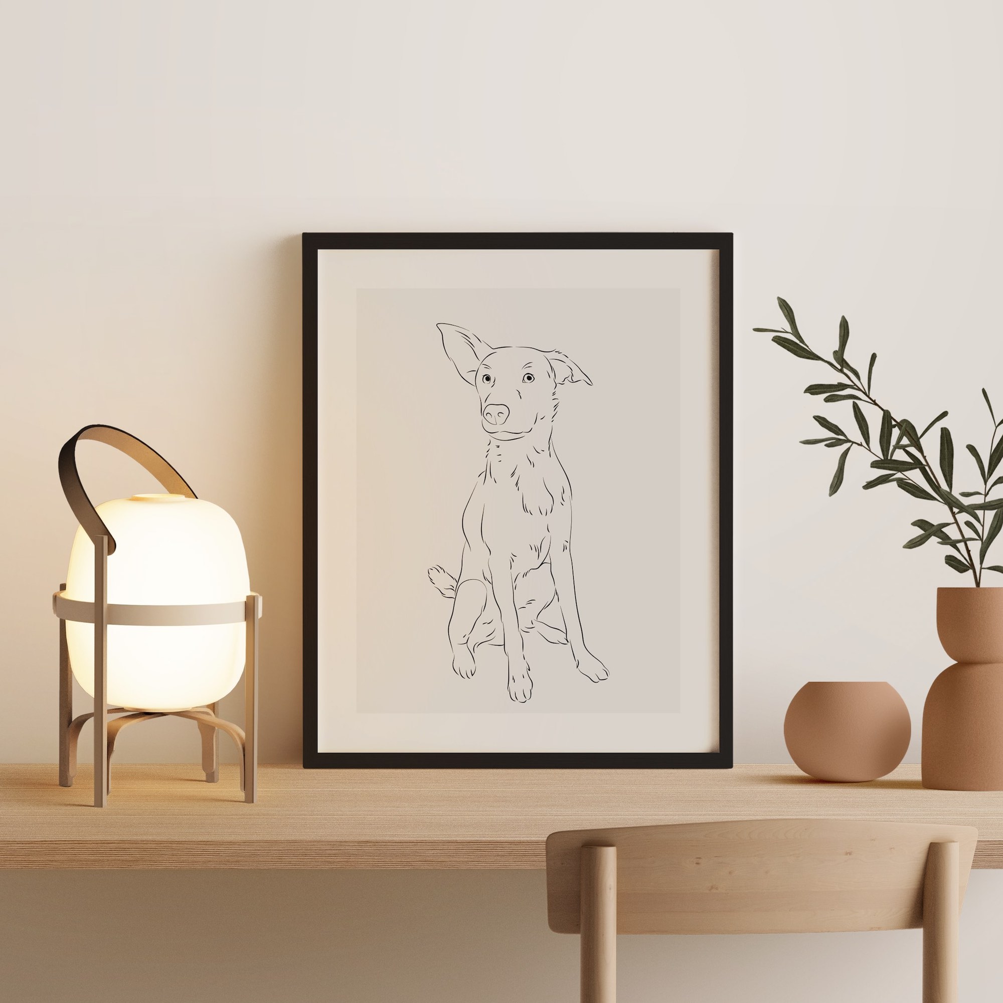 En Line Art tegning af en hund