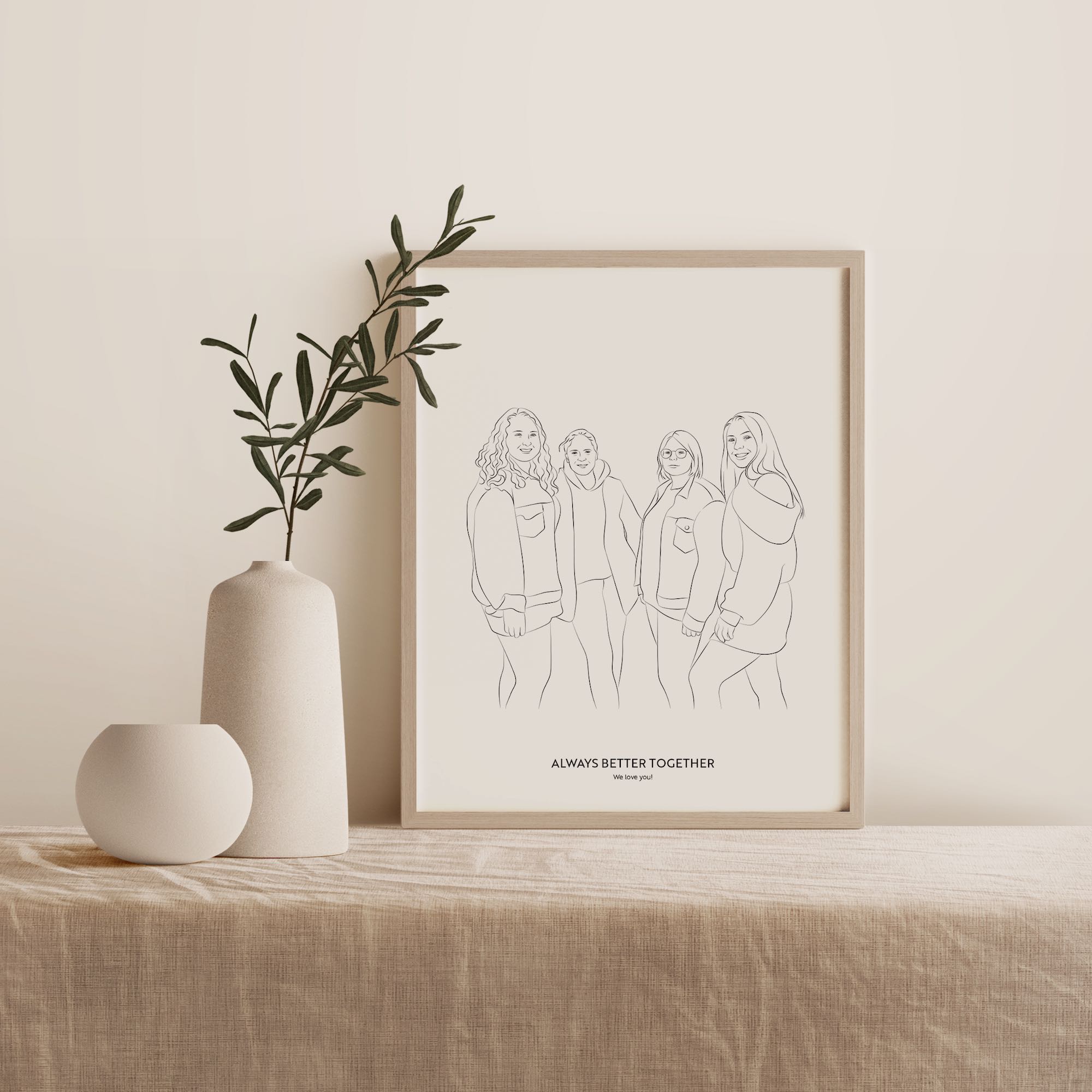 Line Art illustration af en gruppe på fire veninder