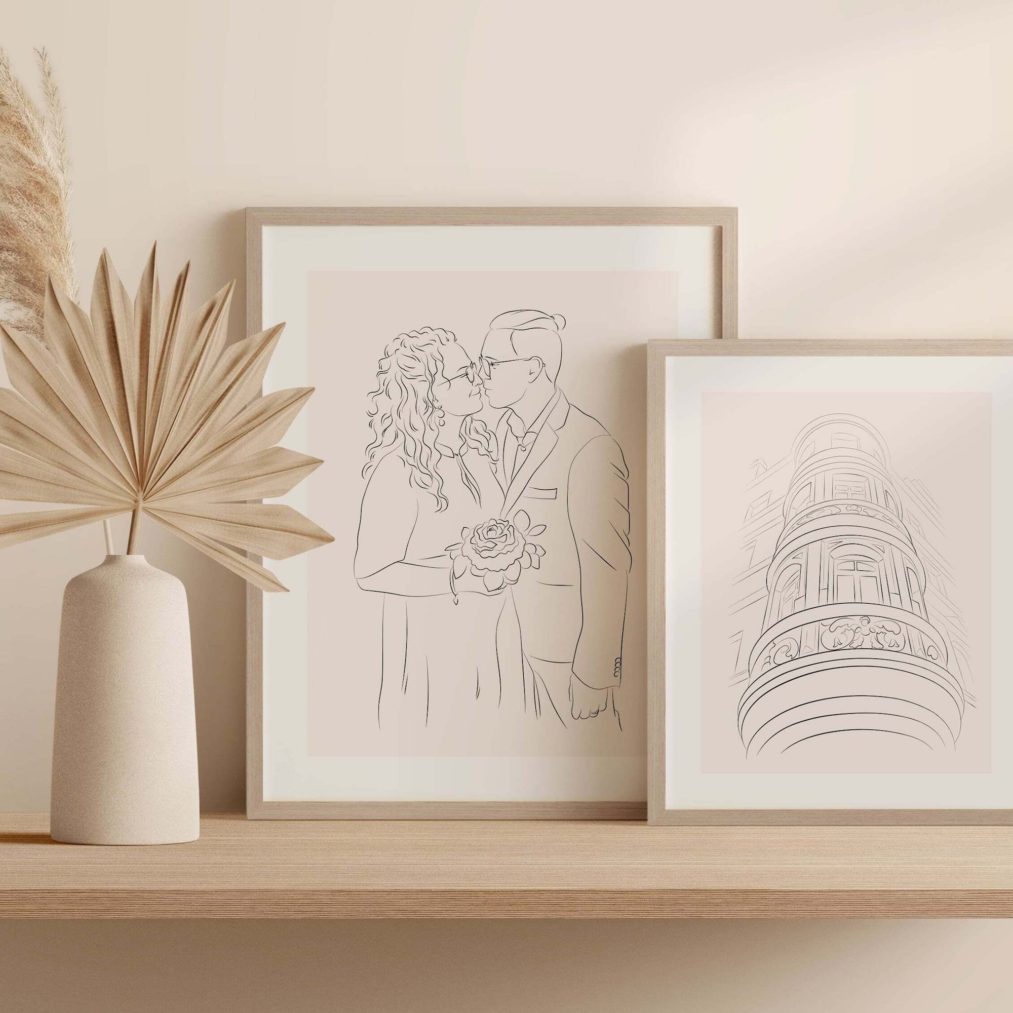 Tegning af husfacade i Line Art ved siden af en parillustration