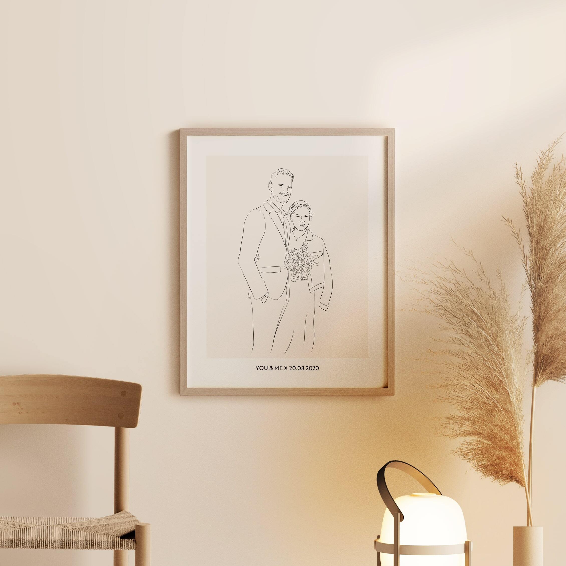 Line Art illustration af et bryllupspar med buket og bryllupsdato som undertitel