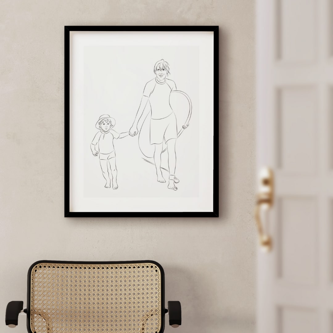 Søn og far, der surfer, illustreret i Line Art