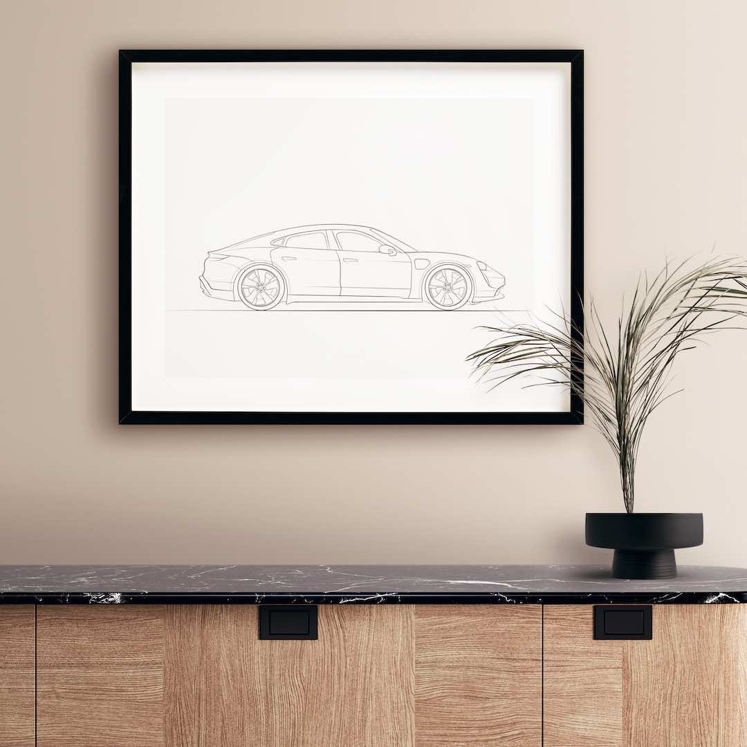 Line Art tegning af en Porsche Taycan i en sidevisning