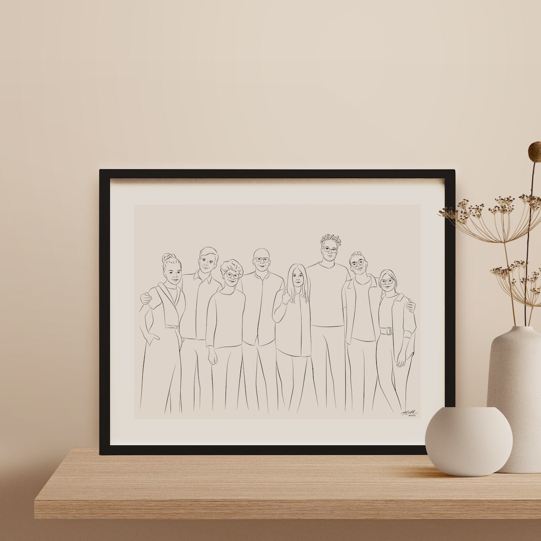 Line Art portræt af et team på 8 medarbejdere