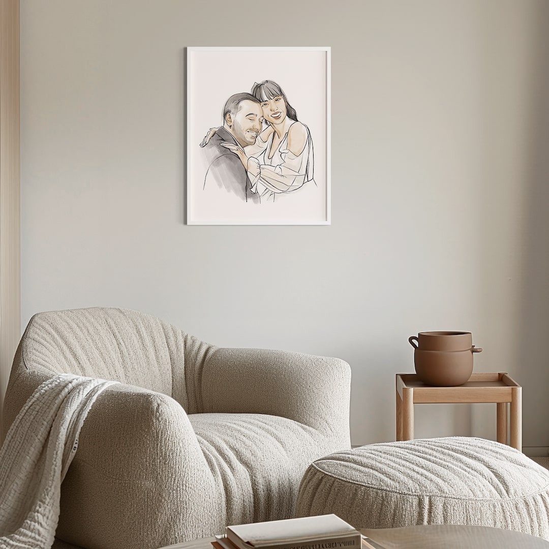 Farverig illustration af et krammende par ved deres bryllup, forfra
